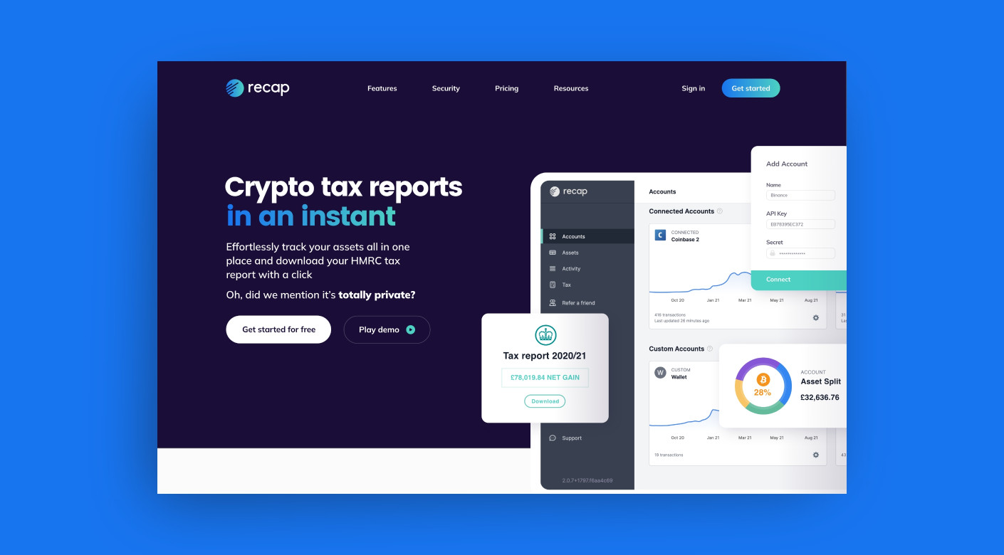 Recap crypto tax accounting software website design by Root Studio