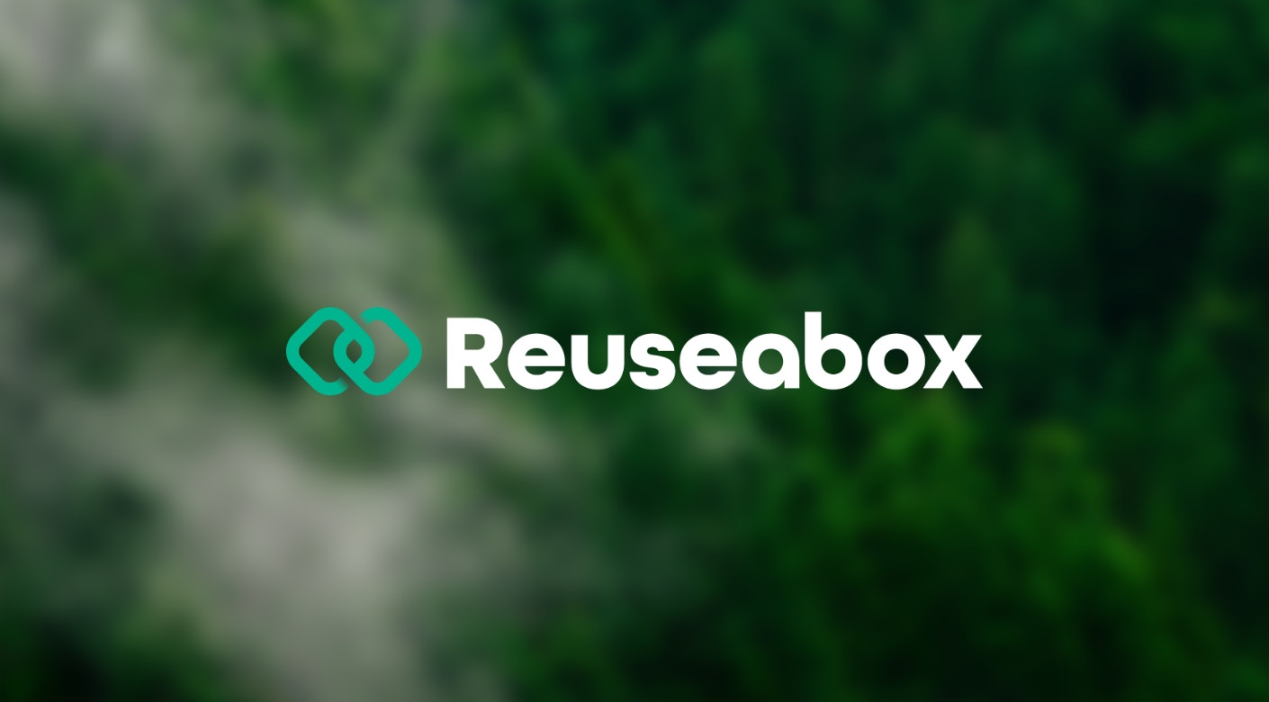 a rebrand for sustainable brand reuseabox in a geometric sans font and intertwining box icon
