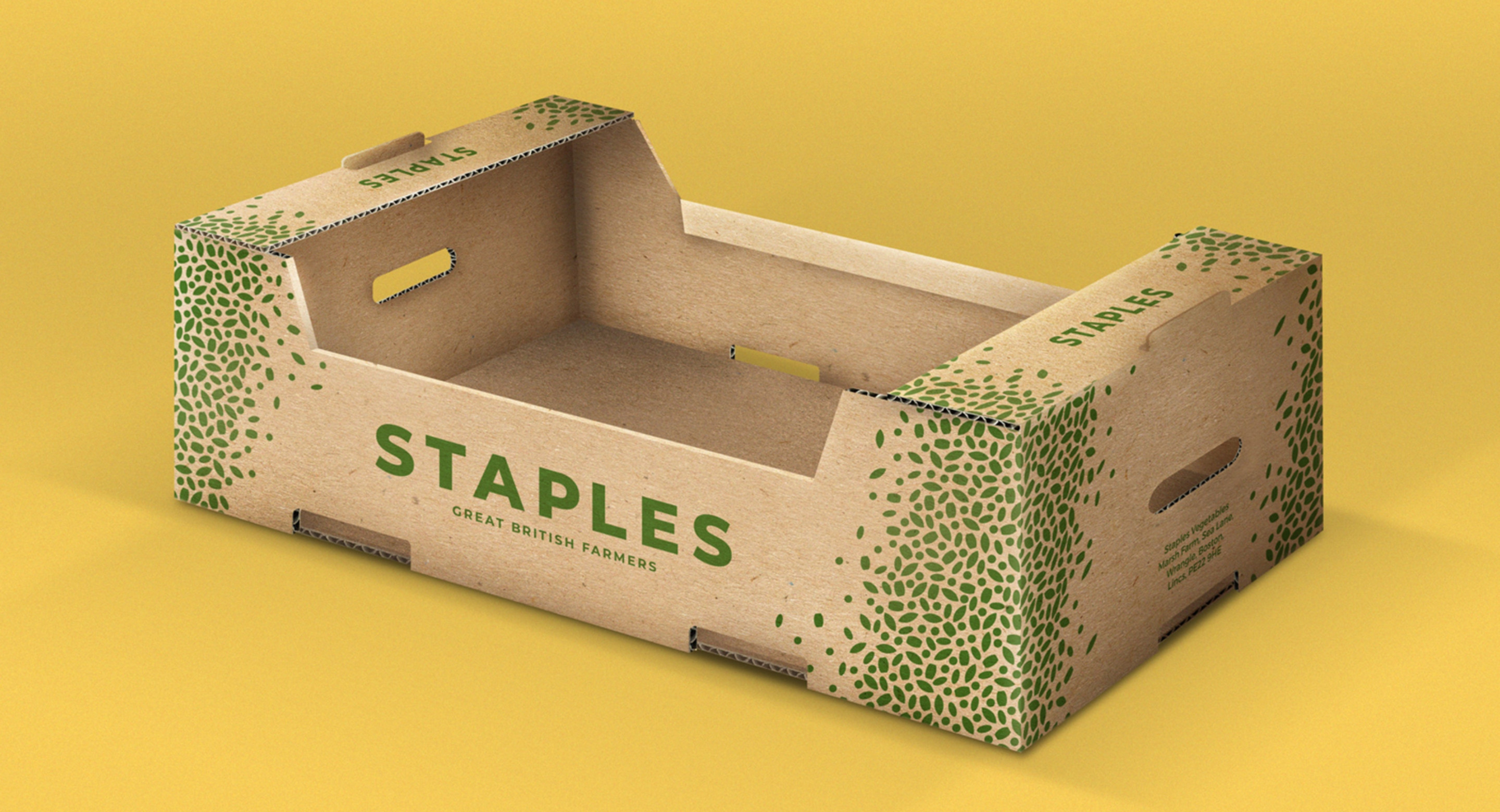 Staples Vegetables farm cardboard crate packaging design by Root Studio