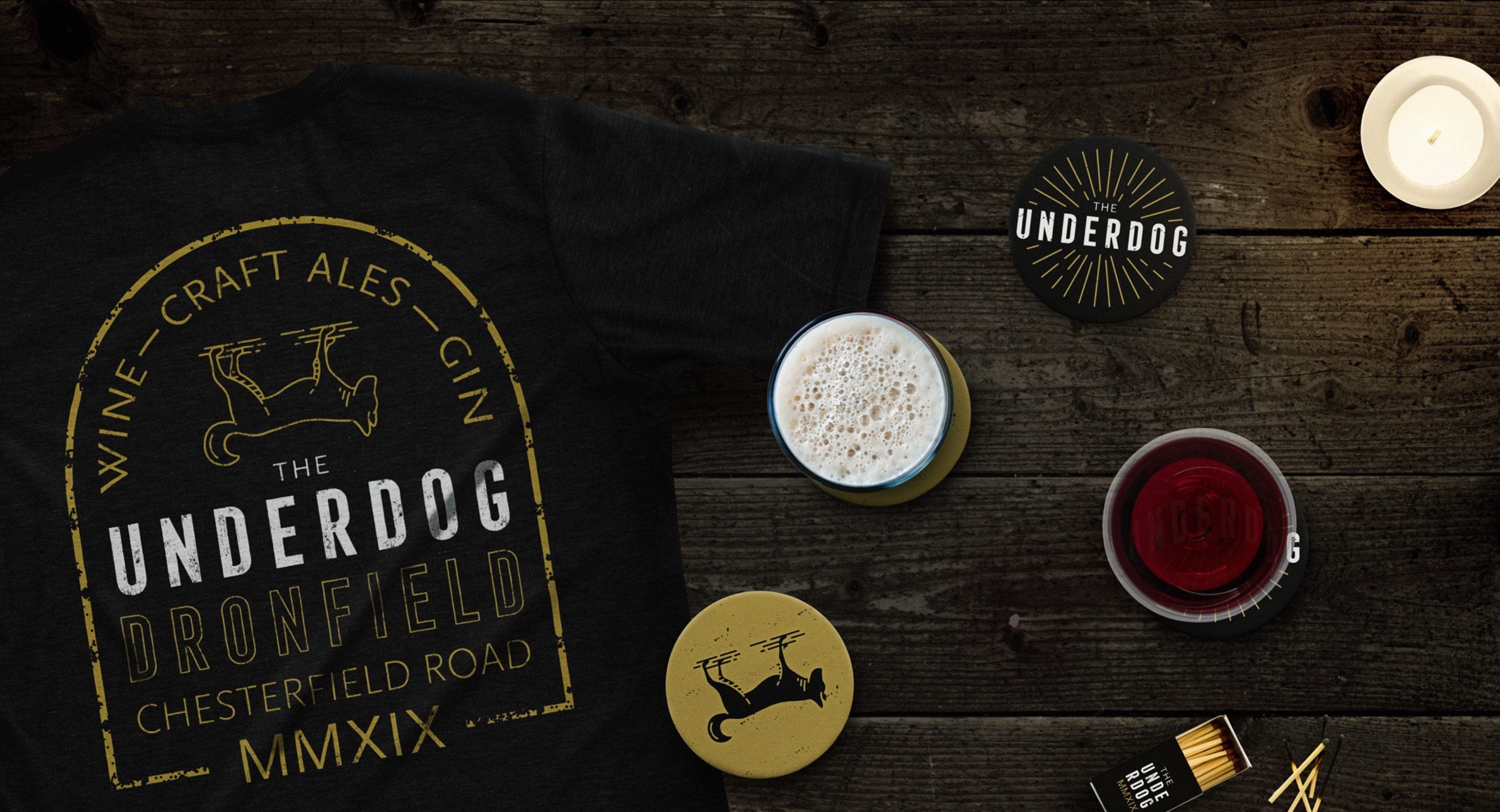 The Underdog bar logo, coaster and t-shirt design by Root Studio