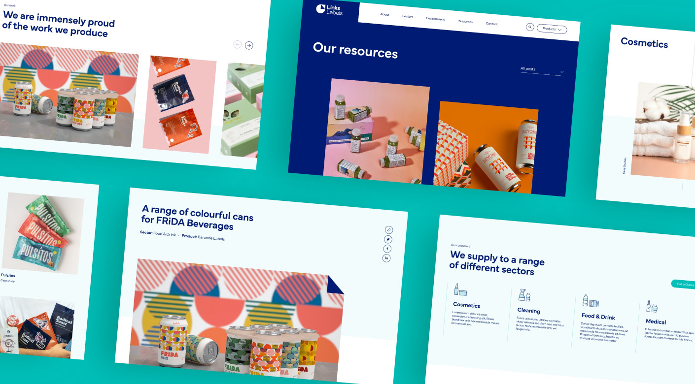 Group of modern website page layouts for label production company