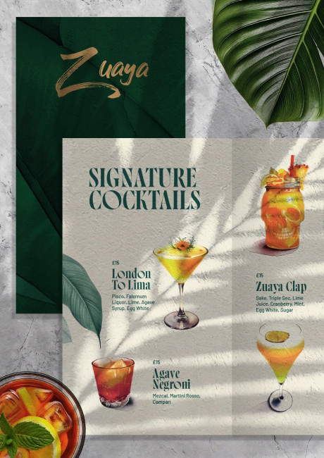 Zuaya London restaurant bar cocktail menu design