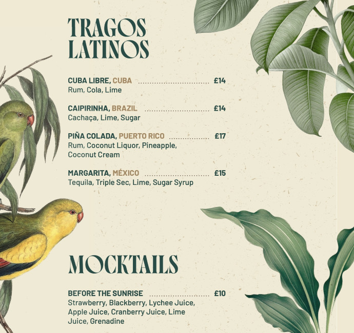 Zuaya London restaurant bar amazon inspired cocktail menu