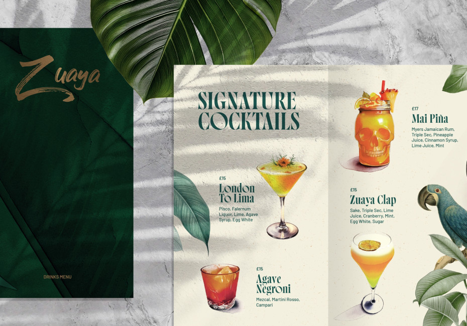 Zuaya London restaurant bar cocktail menu design