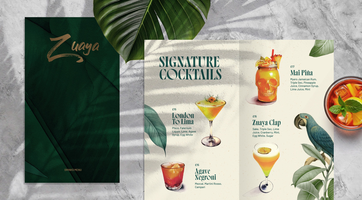 Zuaya London restaurant bar cocktail menu design