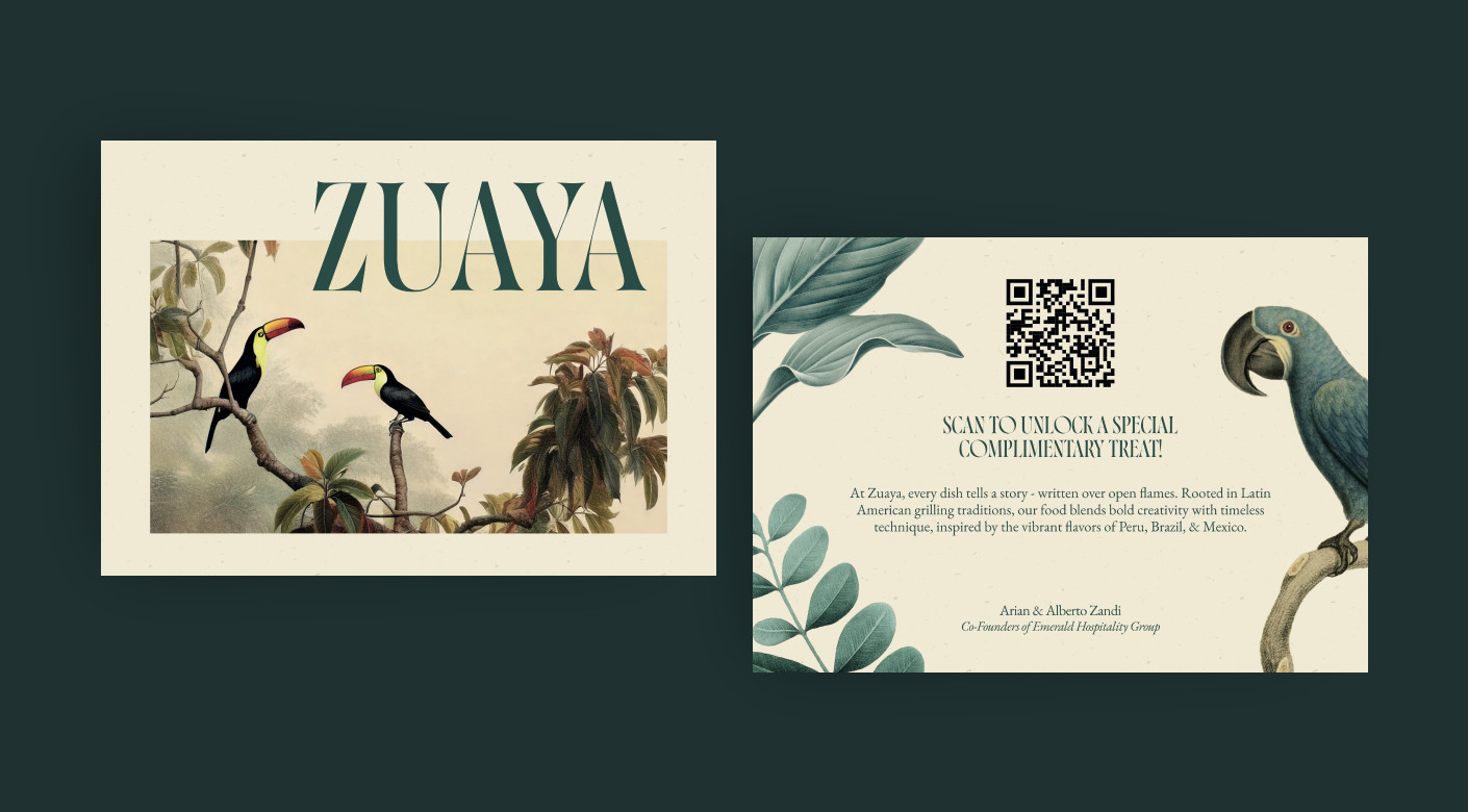 Zuaya London restaurant bar flyer design by Root Studio
